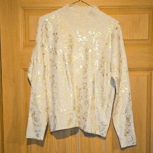 Liz Claiborne Cream Mock Neck Sweater with Gold Foil Floral